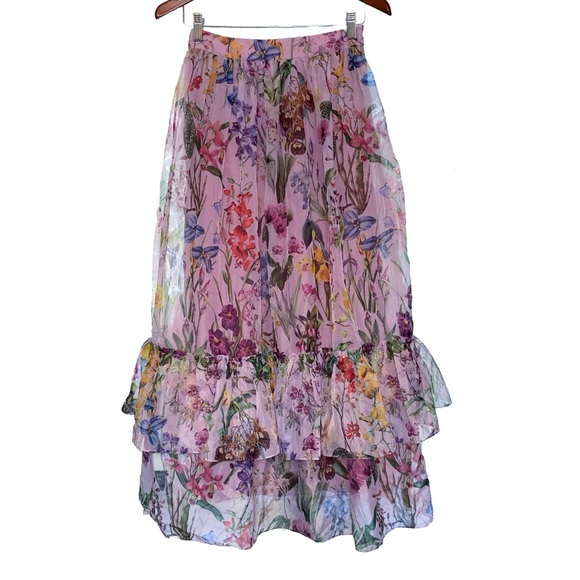 ANTHROPOLOGIE GEISHA DESIGNS PURPLE FLORAL PRINT RUFFLE TRIM MAXI SKIRT - Picture 5 of 13